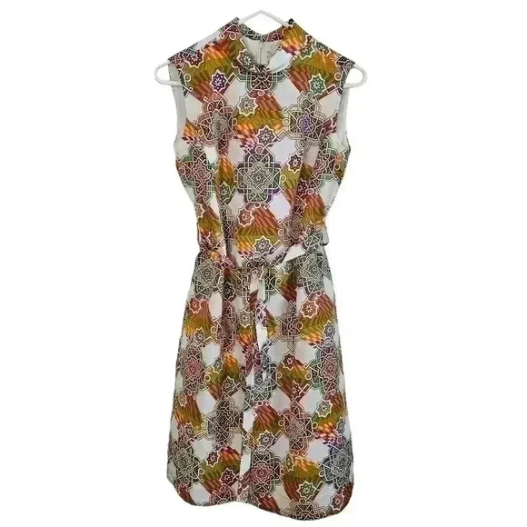 Vtg Carol Brady Style Dress Groovy Pattern Sleeveless Orange, Green And Purple - Picture 2 of 7